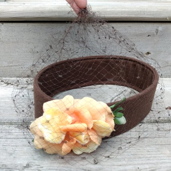 Vintage Brown Ring Hat with Netting and Orange Flower Bandeau Crown Autumn - Picture 2 of 8